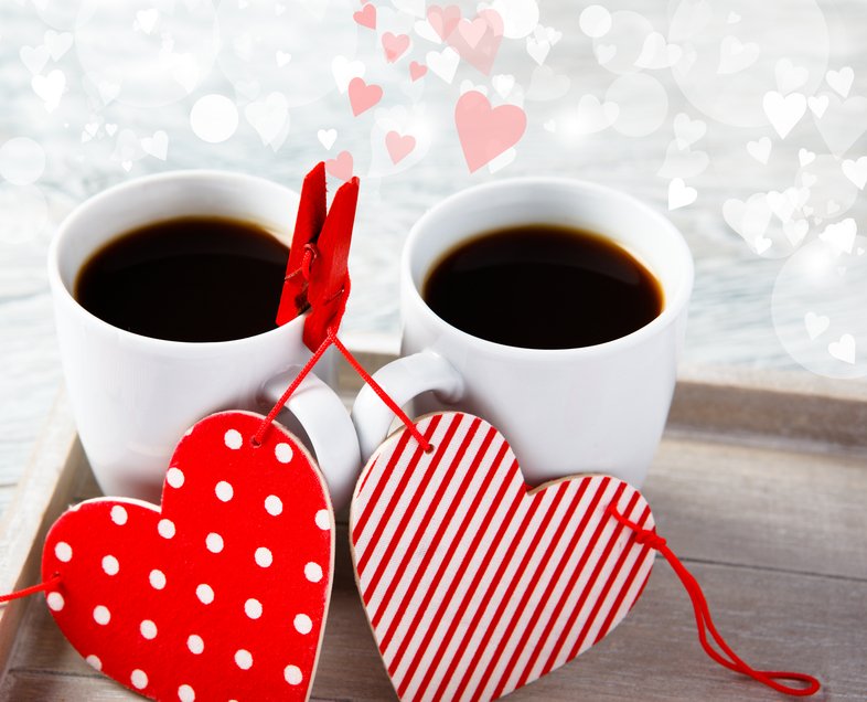 Morning Valentine coffee with two hearts pinned to the cups